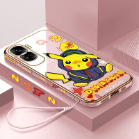 สำหรับ Honor 90 5G 90 Lite 5G ฟรีสายคล้องน่ารักการ์ตูน Pikachu ขอบสี่เหลี่ยมลวดลายเคสโทรศัพท์ชุบหรูหราเคสโทรศัพท์ชุบแบบนิ่ม