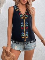 Tops For Women 2023 Vintage Floral Tassel Embroidery Tank Top Summer Sleeveless V-Neck Sexy Clothes For Women Fashion Tank Top