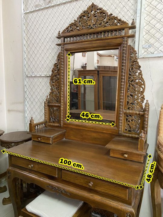 โต๊ะเครื่องแป้ง-ไม้สัก-สูง-195x100x48-cm-งานไม้แก่-พร้อมเก้าอี้-รับประกันการจัดส่ง-โต๊ะเครื่องแป้งโบราณ-โต๊ะวินเทจ-large-dressing-table-teak