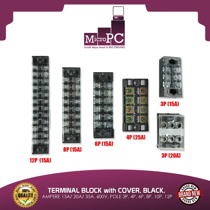 TERMINAL BLOCK With COVER, BLACK, AMPERE 15A/ 20A/ 35A, 600V, POLE 3P ...