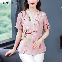 LUXURY Queen 2023 Vintage Chinese Style Summer Printed Short Sleeve Large Blouse