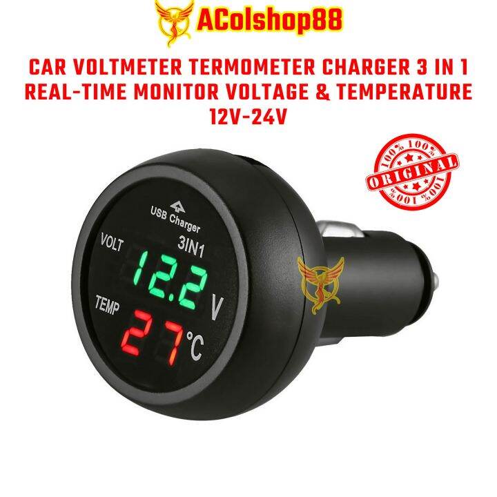 CAR VOLTMETER TERMOMETER CHARGER 3 IN 1 REAL TIME MONITOR VOLTAGE 12V