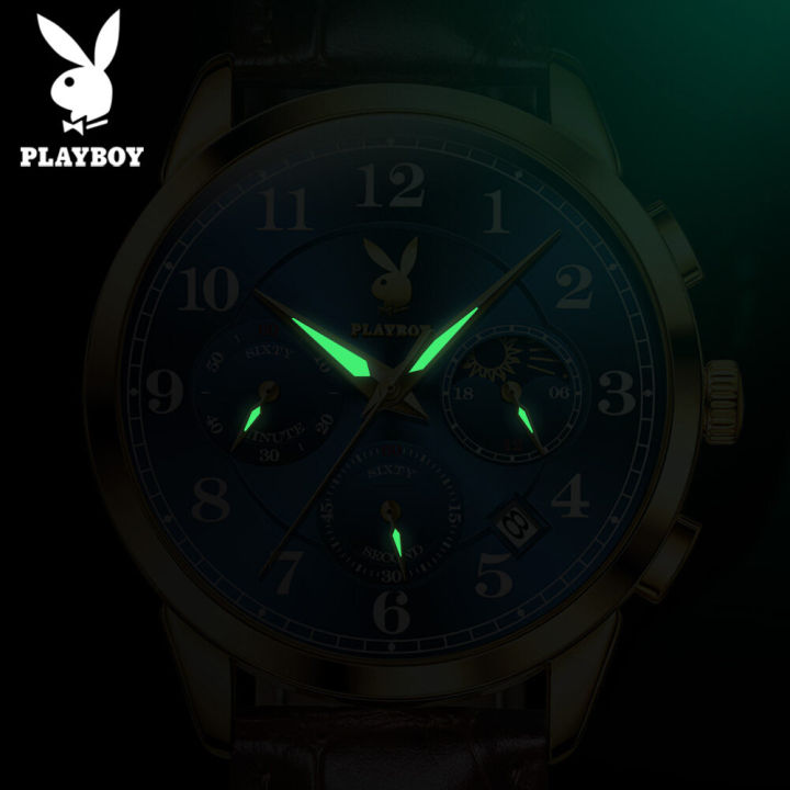 playboy-นาผฬิกาข้อมือ-ชาย-กันน้ำ-สายหนังแท้-เรืองแสง-มัลติฟังก์ชันโครโนกราฟ-2023-ใหม่