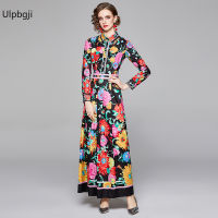 Summer Spring Floral Printed V-neck Single Breasted Puff Sleeve Women Female A-line High Waist Midi Dress