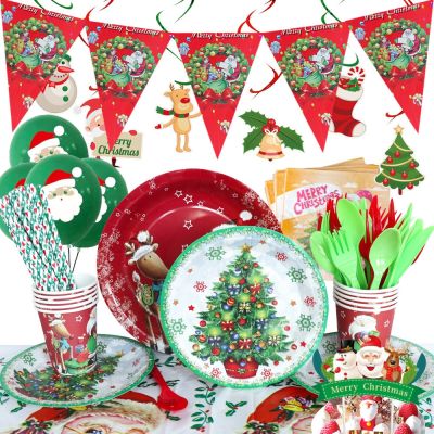 Christmas Theme Santa Claus Elk Party Supplies Disposable Tableware Cup Plate Flag Topper Wrapper Balloon New Year Party Decor