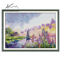 Crossdecor Cross Stitch ชุดวัสดุ Stamped Canvas Handmade 11CT 14CT Landscape Series เย็บปักถักร้อย DIY เย็บปักถักร้อยชุด Home Decor จอแสดงผล Sala - Blue Barcelona Park