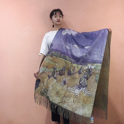 Van Goghs Oil Painting Cashmere Scarf Women Winter Coffee House Print Wool Shawls and Wraps Ladies Cape Blanket Scarves New