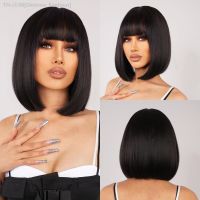 Short Straight Bob Synthetic Wig Black Natural Hair Wigs with Bangs Cosplay Daily Straight Wig Femals Heat Resistant Fake Hair [ Hot sell ] Gktinoo Fashion