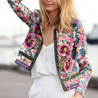 2021 Spring Vintage Womens New Casual Wear Ethnic Floral Print Short Jacket O Neck Cardigan Jacket Coat Thin Style