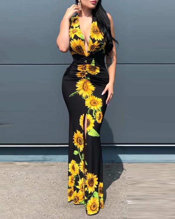 2021Women Elegant Formal Gown Dress Female Stylish Long Party Dress Plunge Sunflower Print Slit Sleeveless Maxi Dress