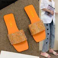 Internet celebrity large size flat bottom slippers 2022 starry colorful rhinestone fashion word belt outdoor leisure beach summer