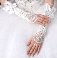 ❁ Woman White Wedding Gloves Fingerless For Bride Elbow Length Long Lace Appliqued Beaded Bridal Party Accessories