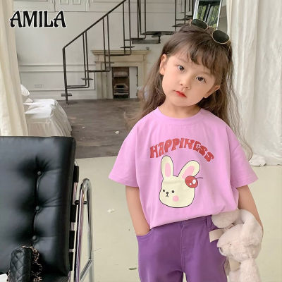 เสื้อแขนแขนสั้นคอกลมของเด็ก AMILA การ์ตูนกระต่ายน่ารักใหม่ฤดูร้อนเสื้อยืดพิมพ์ลายนุ่มและสบาย