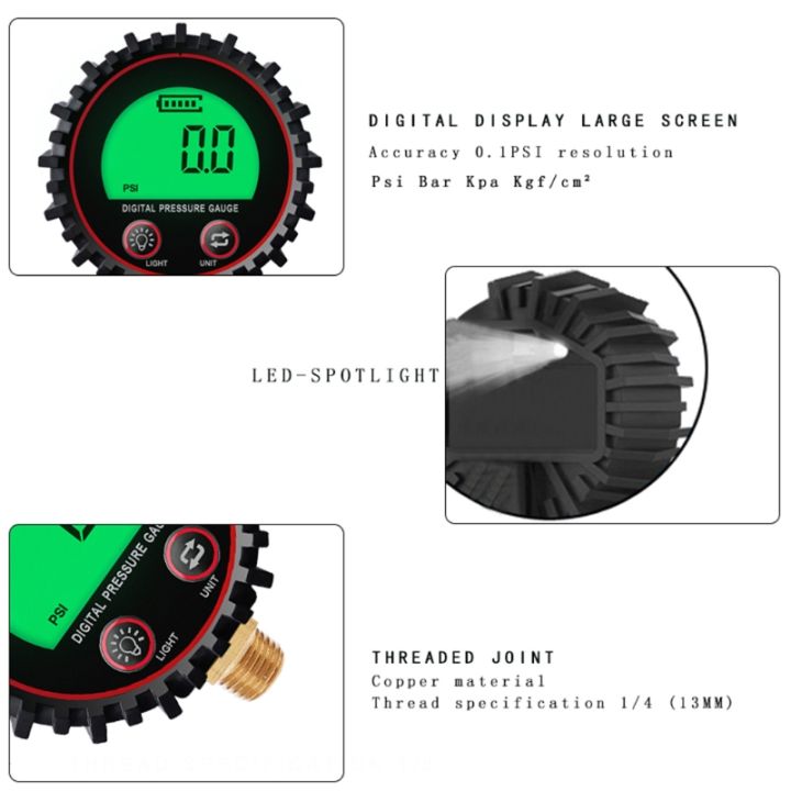 เครื่องวัดความดันอากาศแบบดิจิตอลขนาดหน้าปัดพร้อมขั้วต่อด้านล่าง-npt-1-4-และบูตป้องกัน0-255psi-ความแม่นยำ1-ยางดิจิตอล