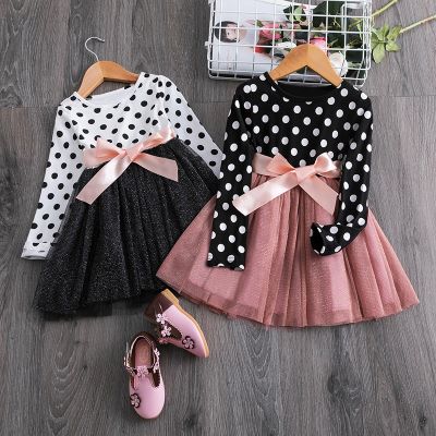 Polka Dot Long Sleeve Tulle Kids Princess Dresses for Girls Spring Autumn Wedding Birthday Party Vestido Children Casual Clothes