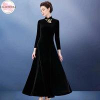 Women Velvet Elegant Dress Fashion Long Sleeves Slimming Solid Color Dress For Birthday Gifts
