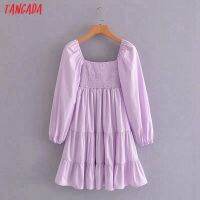 Tangada Fashion Women Solid Purple Dress Puff Long Sleeve Ladies Vintage Pleated Mini Dress Vestidos 5D65