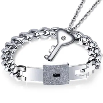 Plated Titanium Matching Puzzle Couple Heart Lock Bracelet and Key Pendant  Necklace for Men and Women