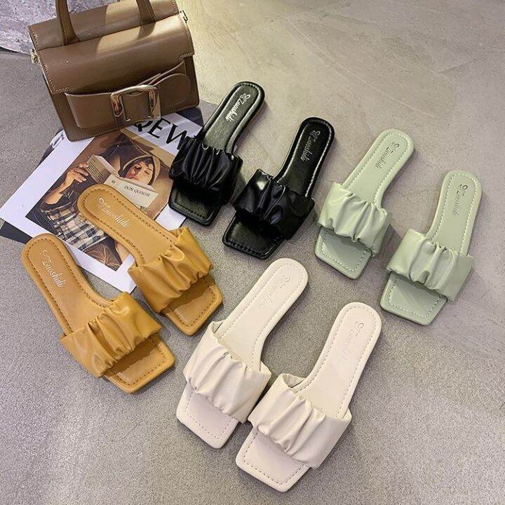 ผู้หญิงเกาหลีฤดูร้อนใหม่สไตล์เกาหลีใส่พับเย็นลากหัวสี่เหลี่ยมนางฟ้าลมรองเท้าแตะ-sf8341
