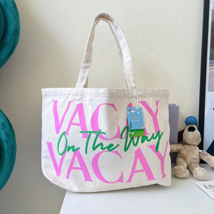 justbehappy-tote-bag-กระเป๋าผ้าลดโลกร้อน-สกรีนลาย-vacay-amp-nice