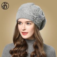 ❈♟☸ FS Women Berets Knitted Wool Hats Winter Flowers Warm Female Cap Girls Beanies Rabbit Fur Hat Gorros Bonnet Femme Hiver 2020