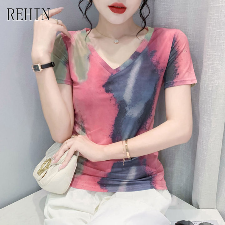 rehin-ผู้หญิงแฟชั่นตาข่ายสีชมพู-swoosh-พิมพ์เสื้อยืดแขนสั้น-v-คอ-slim-และบาง-elegant-เสื้อ
