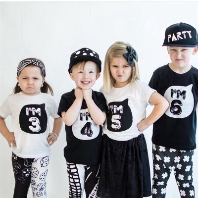 [NNJXD]White Black Shirts Kids Baby Girl Boy Summer T-shirt Children Birthday Party Boys