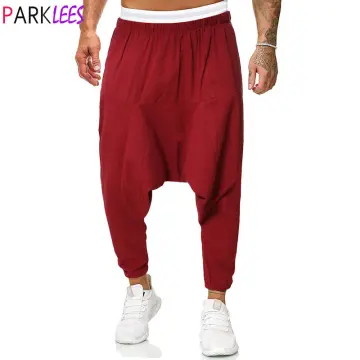 Black Mens Harem Pants, Drop Crotch Baggy Joggers for Training