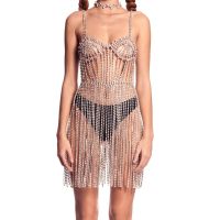 GLAMing Rhinestone Dress Long Tassel Skirt Chain for Women Rave Bodysuit Robe Bikini Jewelry Harness Body Chains Dance Outfits