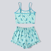 Summer Women Pajama Set Cute Printed Pattern Pajamas Suspenders Sexy Night Homewear Sleeveless Tops And Shorts 2-Piece Set