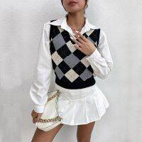 [COD] cross-border foreign trade early autumn new European and womens college style short knitted rhombus contrast sweater vest