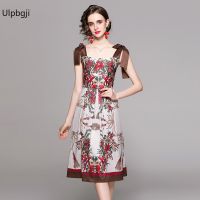 European and American Fashion Waist-Controlled Lace-up Sleeveless Vest Positioning Print Dress