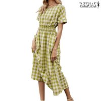 COD DSFDGESERRRRR ZANZEA Women European Style Elegant Casual Loose Plaid Printed Short Sleeve Beach Party Maxi Dress