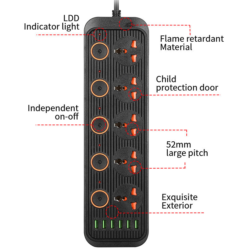 [Local Stock] 3000W Power Strip 6 USB QC3.0 Ports Fast Charging UK Extension Wire 5 ports Power Socket UK PLUG Power Extension With 2Meter 5Meter