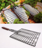 New DIY Non-stick Triple Fish Grilling Basket Wood Handle Outdoor BBQ Grilling Fish Rack Barbecue Tool Fish Grill Net