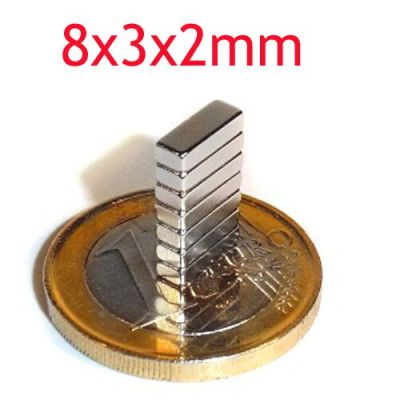 10ชิ้น แม่เหล็ก 8*3*2มิล สี่เหลี่ยม 8x3x2มิล Magnet Neodymium 8*3*2mm แม่เหล็กแรงสูง รูปสี่เหลี่ยม ขนาด 8x3x2mm แรงดูดสูง ชุบนิเกิล ติดแน่น ติดทน พร้อมส่ง