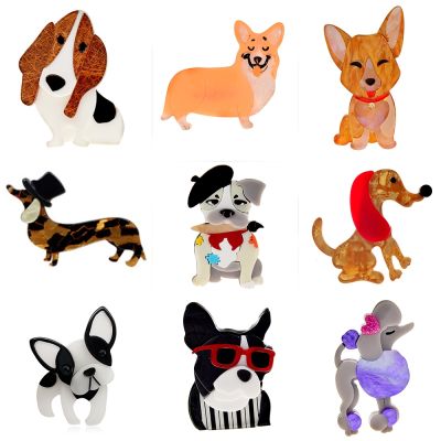 Acrylic Cute Dog Brooches for Women Men Wear Hat Glasses Sitting Small Pet Animal Party Casual Brooch Pin Gifts High Quality