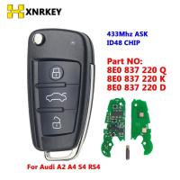 XNRKEY Id48chip 433MHZ กุญแจรถพับได้3ปุ่มสำหรับ A3 Audi S3 TT S4 A4 2005-2013 8P0837220D /Q/k