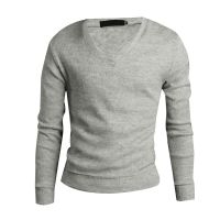 Men V Neck Long-sleeved Casual Fall Slim Fit Cashmere Sweater Gray - XL