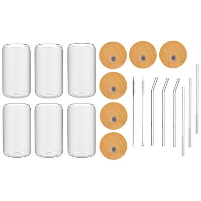 6Pcs Set Drinking Glasses Can Shaped Glass Cup Clear Iced Coffee Cup with 6 Bamboo Lids and 6 Glass Straws