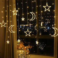 ไฟ LED Fairy 3.5m Star Moon LED Curtain Lights Garland โคมไฟตกแต่งงานแต่งงาน บ้านสวน Christmas Window Curtain Decoration