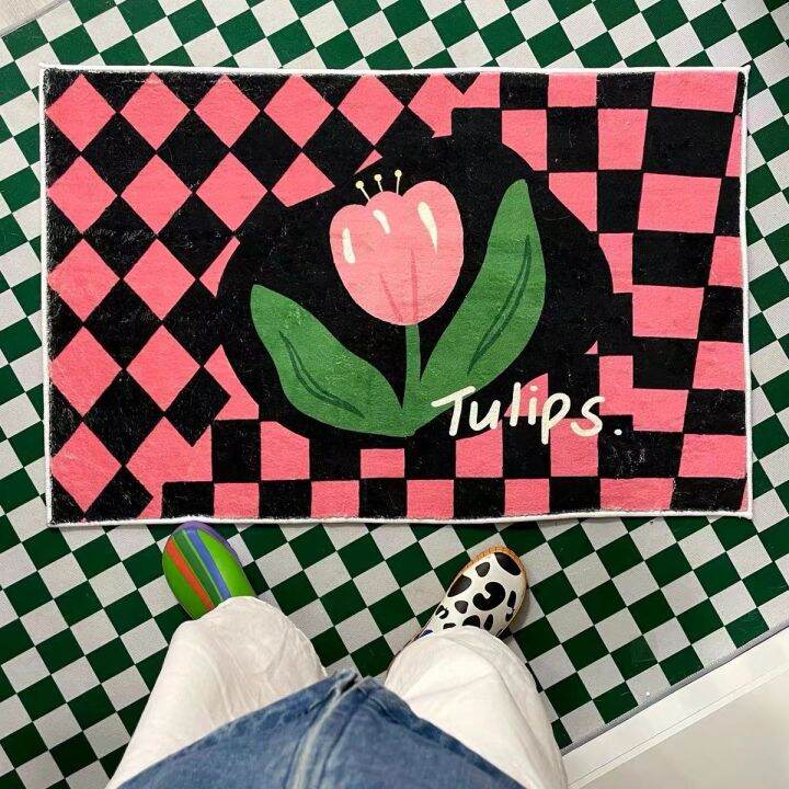 เสื่อรูปสี่เหลี่ยมขนมเปียกปูนลายตาราง-tulip-ลายตารางข้างเตียงสีพรมทางเข้าน่ารัก