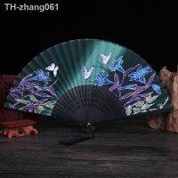 Chinese Style Vintage Handheld Folding Fan with Tassel Lily Butterfly Printed Pattern for Wedding Dancing Party Cheongsam