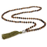ZZOOI 8mm Yellow Tiger Eye Rhodolite Beads Knotted Japa Mala Necklace Meditation Yoga Prayer Jewelry 108 Buddha Head Rosary