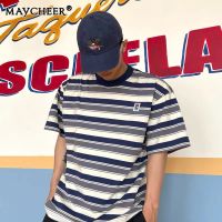 MAYCHEER   เสื้อยืดผู้ชายลายเสื้อคอตตอนย้อนยุคแขนสั้นลำลองและเสื้อยีนส์คลุมยาว