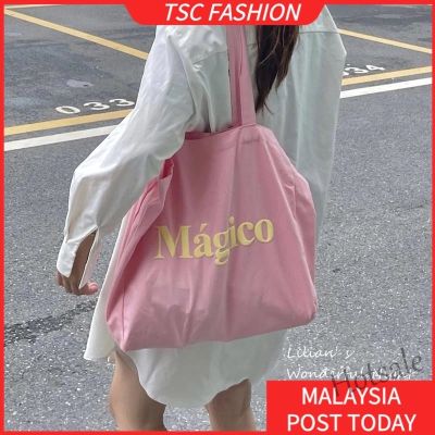 【hot sale】₪✐ C16 TSCfashion【Zipper Inner Pocket】 Girl Pink Large-capacity All-match Cute Girl Student One-shoulder Canvas Bag Exclusive Creamy Yellow Letter Tote Bag
