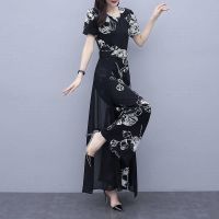 COD DSFGREYTRUYTU 2021 Summer New Short Sleeve Chiffon Jumpsuit Printed Casual Wide Leg Pants Waist Down Slim Jumpsuit Womens