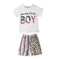 [COD] Boys girls children European and summer styles Independence Day short-sleeved printed T-shirt leopard shorts two-piece suit