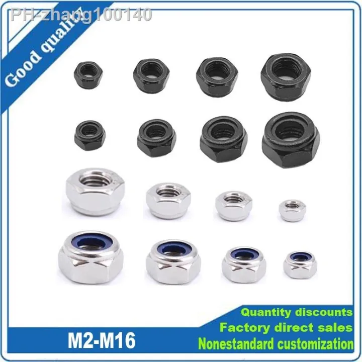 2-5-25pcs-m2-m2-5-m3-m4-m5-m6-m8-m10-m12-m16-304-stainless-steel-black-hex-nylon-insert-lock-nut-self-locking-nylock-nut-locknut