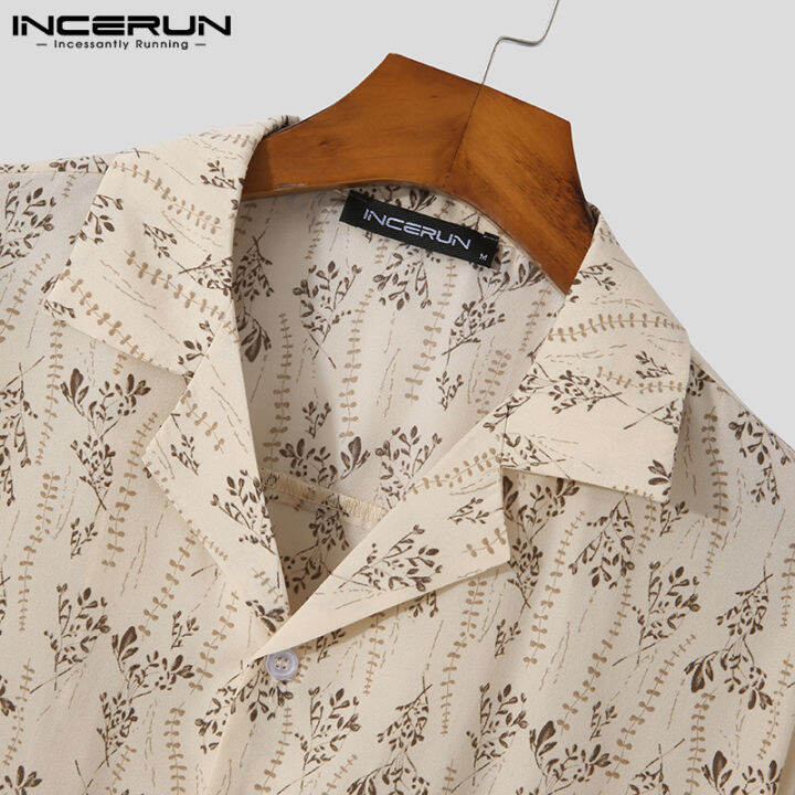 incerun-เสื้อเชิ้ตแขนสั้นลายดอกไม้สำหรับผู้ชาย-เสื้อยืดลำลองแนววินเทจสไตล์เกาหลี